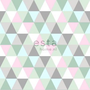 Tapeta w szaro-różowo-miętowe trójkąty