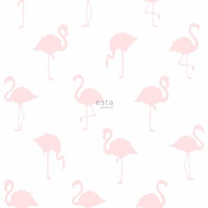 Tapeta biała w różowe flamingi 