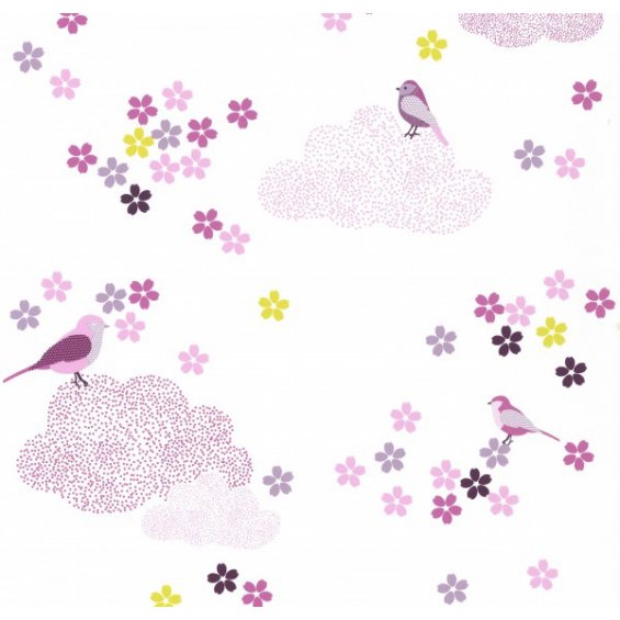 Tapeta fioletowa z motywem kwiatków i ptaszków Les Petits Curieux