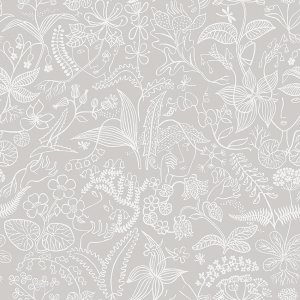 Tapeta szara w białe wzory roślinne